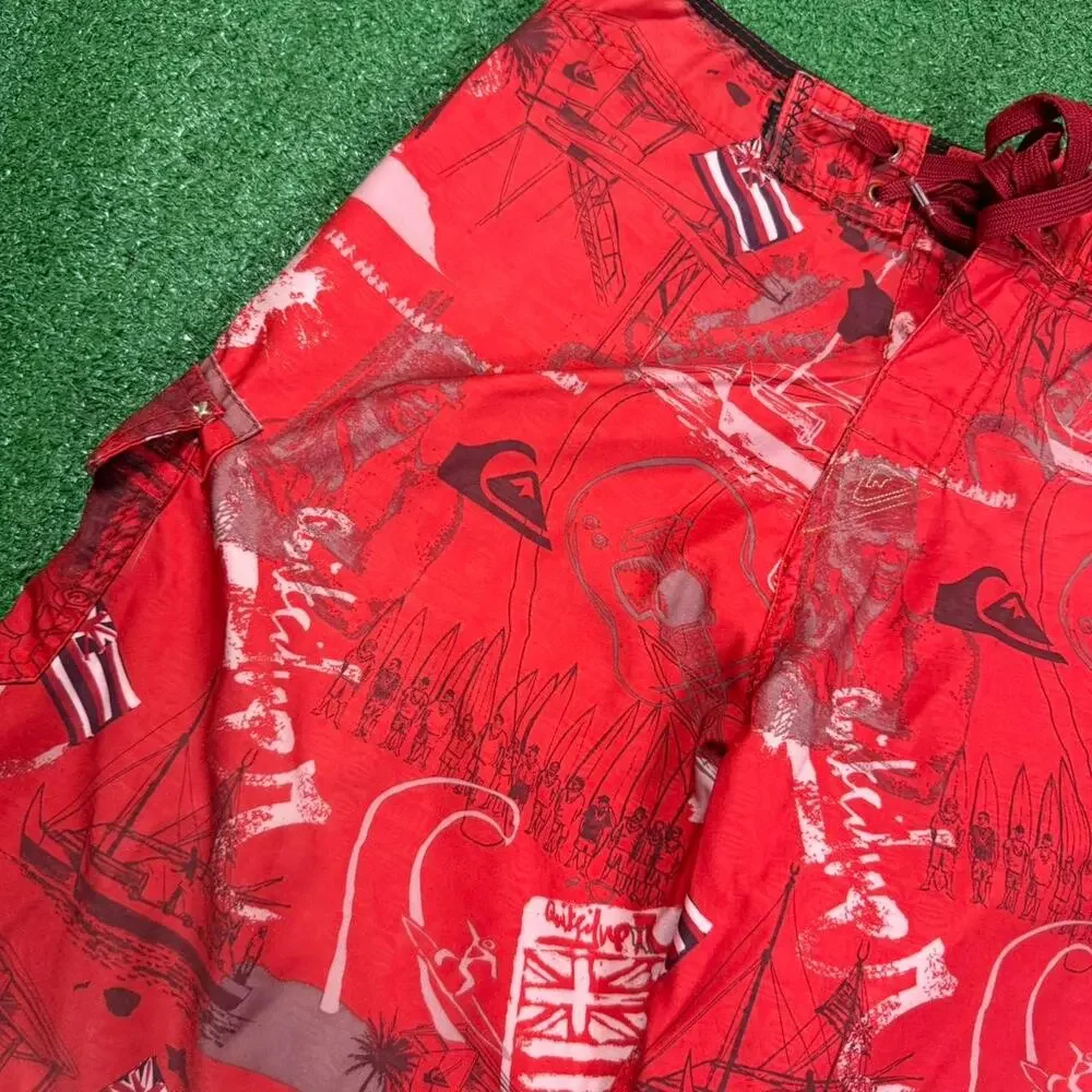Quiksilver Eddie Aikau Board Shorts Red AOP Y2K Surf Swim Trunks Men’s 32